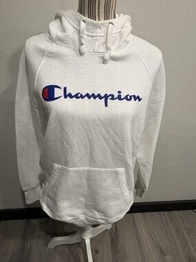 Champion Hoodie Womens Size Large Pullover Logo Hooded Sweatshirt White